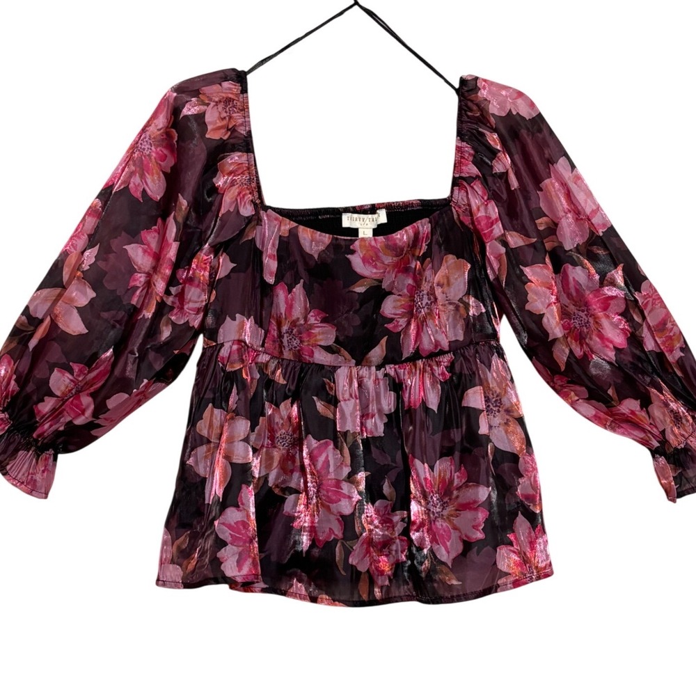 Thirty Thirty LA Womens Floral Metallic Peplum Top Pink Purple Square Neck Large